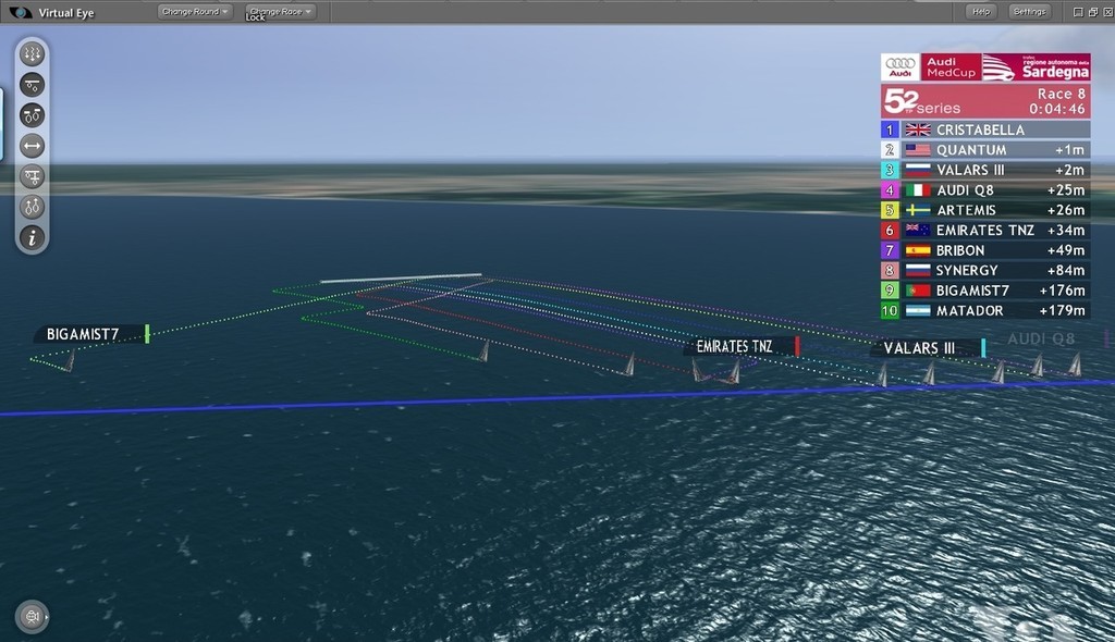 Bigamist 7 sets off after her restart taking a big move out to the starboard layline, and dropping back from 158 metrss at the start to 177 metres at this point. © ARL Media http://www.arl.co.nz/